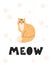 Cute yellow cat, kawaii kitten with hand written meow lettering