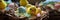Cute yellow chick and colored eggs for Easter in wicker basket closeup for banner. Generative AI