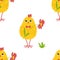 Cute yellow chicks in different poses seamless pattern, birds and flowers, butterflies. Vector illustration