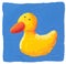 Cute yellow duck on the blue background