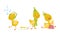 Cute Yellow Duckling Pulling Sledge, Listening to Music and Celebrating Birthday Vector Set