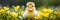 Cute yellow duckling standing on lush green grass with a vibrant easter themed background
