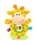 Cute yellow giraffe rattle doll with plastic rings isolated on white background with shadow reflection. Playful colorful giraffe