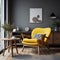 Cute yellow lounge chair near round wooden coffee table and gray