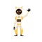 Cute yellow mascot robot with cat face and ears saying hello and waving flat style