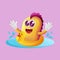 Cute yellow monster swimming wearing rubber duck tube