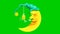 Cute yellow moon cartoon sleeping ZZZ on green screen bacgkground.