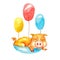 A cute yellow piggy sleeping in a blue basket with three different colored balls isolated