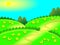 Cute yellow rabbits in burrows sitting. Vector illustration. Easter cartoon rabbit isolated on green background of woods and field