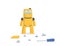 Cute yellow robot standing in front of spare parts and tools. Cartoon character. Flat vector illustration. Isolated on