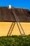 Cute yellow rural house with wooden stairs in countryside.