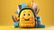 Cute yellow smiling backpack with school supplies on yellow background. Back to school concept