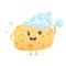 Cute yellow sponge character, kawaii washcloth emoji with soap bubbles for cleaning skin