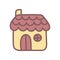 Cute yellow village house in doodle style. Simple kawaii illustration. Design element for children's products