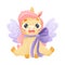 Cute Yellow Winged Unicorn with Twisted Horn and Pink Mane Sitting with Ribbon Bow Vector Illustration