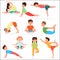 Cute yoga kids set. Children yoga gymnastics vector illustration.