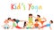 Cute yoga kids team group. Children yoga gymnastics together background vector illustration.