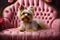 Cute Yorkshire Terrier sitting on a pink leather sofa