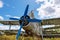 Cute young adult woman stands on an abandoned plane