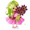 Cute young animated girl with green hair and a bouquet of flowers isolated on white background. Vector cartoon close-up