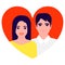 Cute young asian couple man and woman together in red love heart. Boyfriend and girlfriend in relationship. Guy and girl