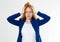 Cute, young beautiful red hair woman do facepalm. Redhead suffer girl headache failed to upset business face palm. Portrait of