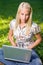 Cute young blond having fun with laptop outdoors.