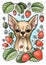 Cute young chihuahua with strawberry of white background. Color illustration.