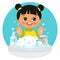 Cute Young China Girl washing hands in the sink illustration. Vector illustration Of Washing Hands.