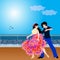 Cute young couple in love dancing tango on the deck of a ship or seafront