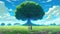 a cute young couple standing in front of a giant wise tree, anime landscape, ai generated image