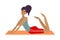 Cute young dark-haired trainer girl doing yoga bow pose dhanurasana in a gym. Vector illustration in the flat cartoon