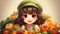 Cute young farmer woman with fresh vegetables and fruits. Kawaii cartoon illustration