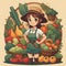 Cute young farmer woman with fresh vegetables and fruits. Kawaii cartoon illustration