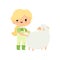 Cute Young Girl in Overalls and Rubber Boots Caring for Sheep, Farmer Girl Cartoon Character Vector Illustration