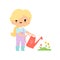 Cute Young Girl in Overalls and Rubber Boots Watering Tulip Flowers, Farmer Girl Cartoon Character Working in Garden