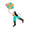 Cute young girl in turquoise pants, yellow t-shirt and brown boots. Woman holding festive balloon vector illustration. 