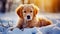 Cute young golden retriever puppy playing in the snow at winter