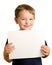 Cute young happy preschooler boy holding up sign