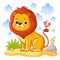 Cute young lion is sitting on a sand meadow. Vector illustration