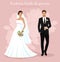 Cute young married couple: fashion beautiful bride with bouquet and handsome groom in stylish suit. Wedding set.