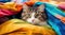 Cute young tabby cat lying on sofa and peeking out from under rainbow color rug, funny playful pet at home