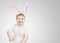 Cute young toddler boy wearing a bunny rabbit costume