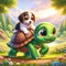 A cute young turtle with an adorable baby dog on his back, walking in a stunning meadow, cartoon style, funny moment, printable