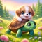 A cute young turtle walking in a stunning meadow, a cute baby dog on his back, flower, cartoon, printable
