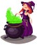 Cute young witch for Halloween cards. Vector clip art illustrati