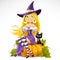 Cute young witch sits on a pumpkin with a familiar cat