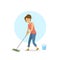 Cute young woman cleaning mopping floor, household chores