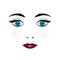 Cute young woman face vector illustration. Doll face with blue eyes, eyelashes, eyebrows and burgundy red lips on white background