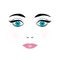 Cute young woman face vector illustration. Doll face with blue eyes, eyelashes, eyebrows and pink lips on white background